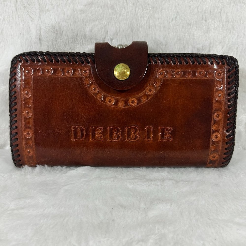 Vintage Hand Tooled Leather Wallet Kiss Lock Billfold Western Brown DEBBIE